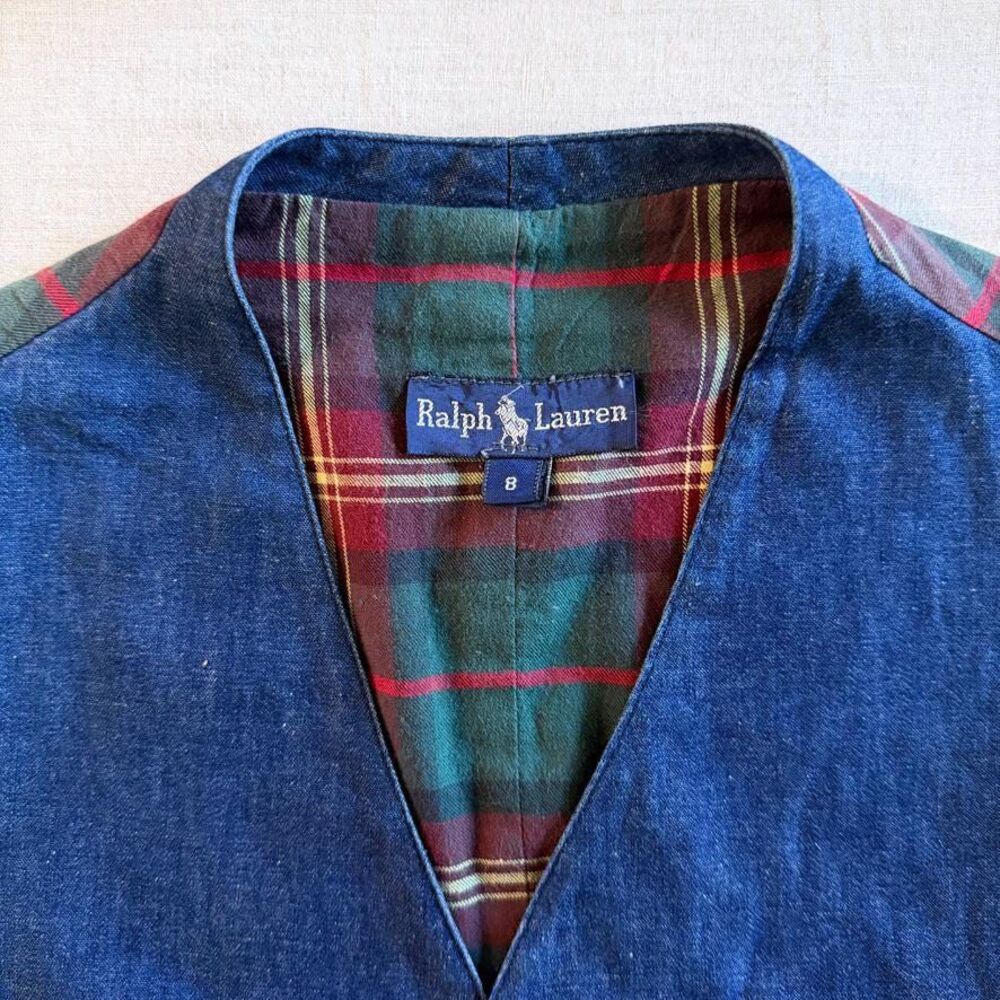 Ralph Lauren c. 1980s Denim & Tartan Tailored Waistcoat in Essex Green | 8 - Picture 5 of 5